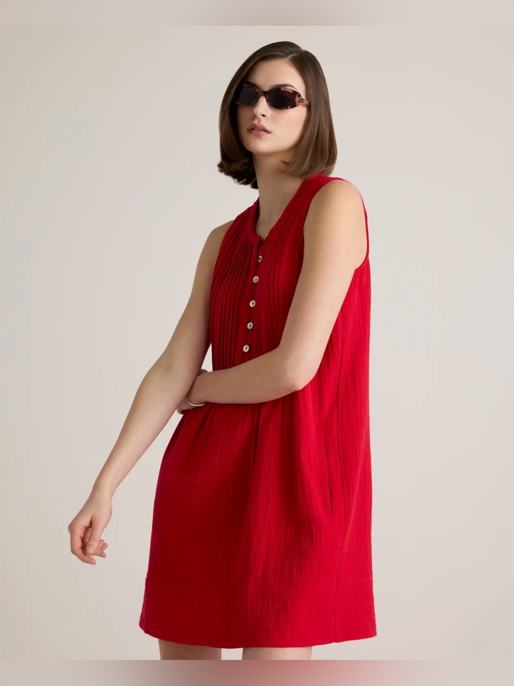 Quince 100% Organic Cotton Gauze Sleeveless Swing Dress, Red Wild Cherry, sz XS - Picture 6 of 10